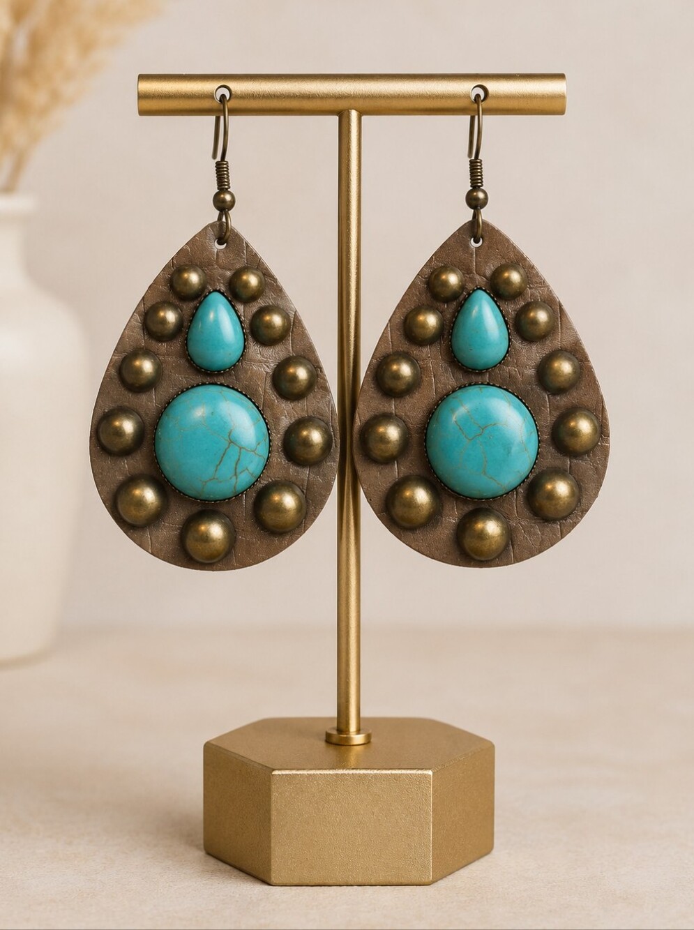 Teardrop Earrings with Turquoise Stones and Bronze Studs - NWT